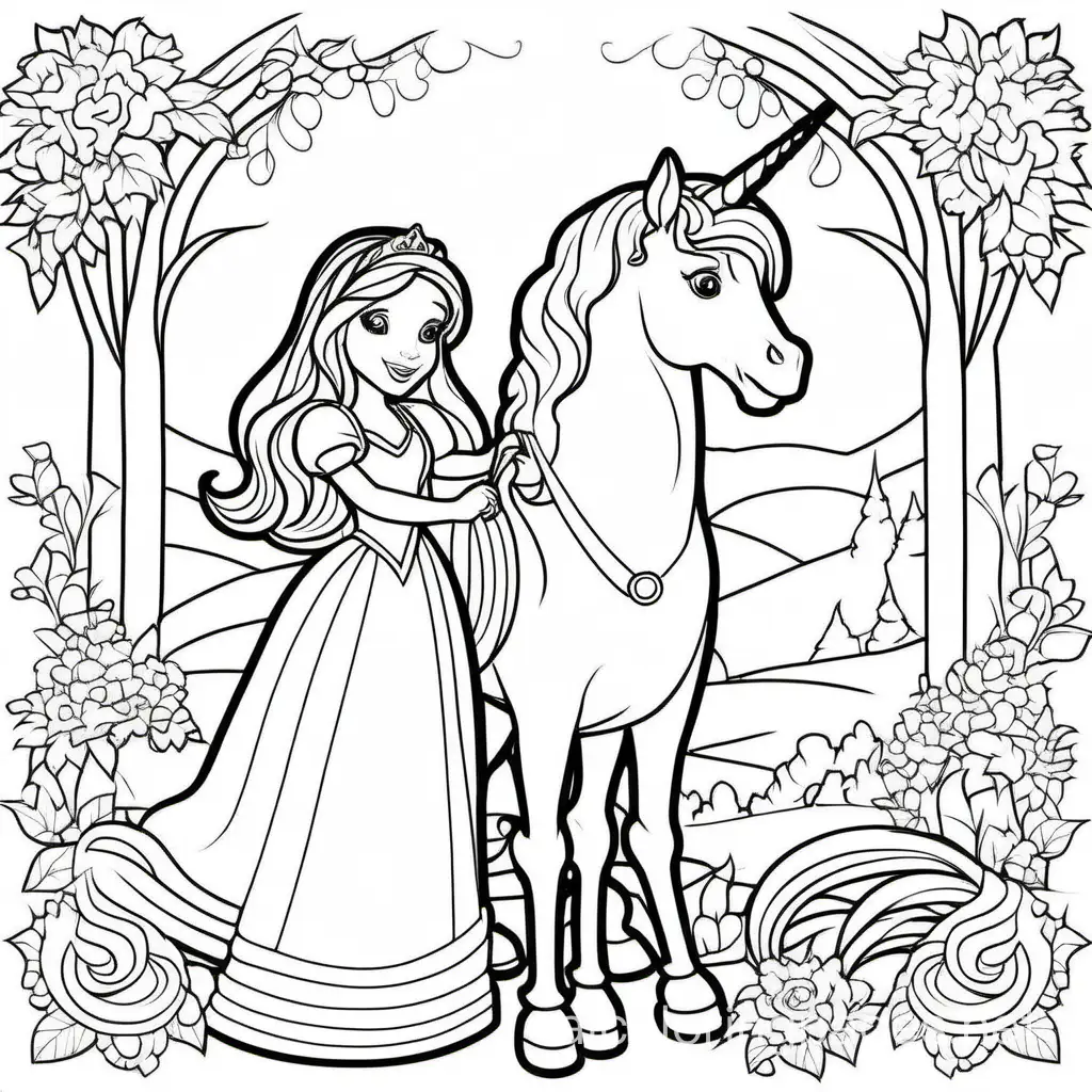 Princess with a unicorn, Coloring Page, black and white, line art, white background, Simplicity, Ample White Space. The background of the coloring page is plain white to make it easy for young children to color within the lines. The outlines of all the subjects are easy to distinguish, making it simple for kids to color without too much difficulty