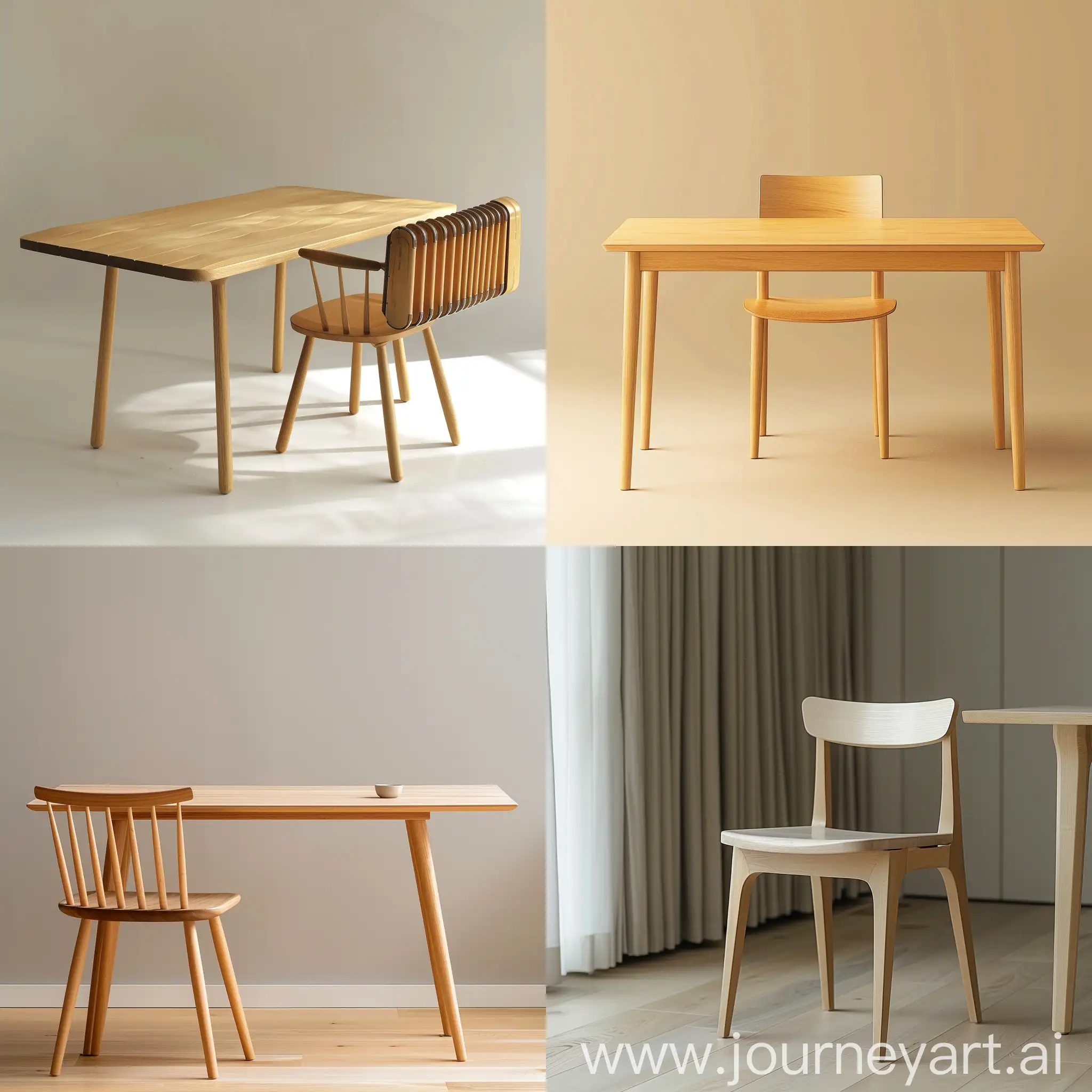 Minimalistic design of a dining table and chair, Japandi, Japanese minimalism, Scandinavian style, slender legs, and smooth lines. The accordion served as a prototype in shaping the form.