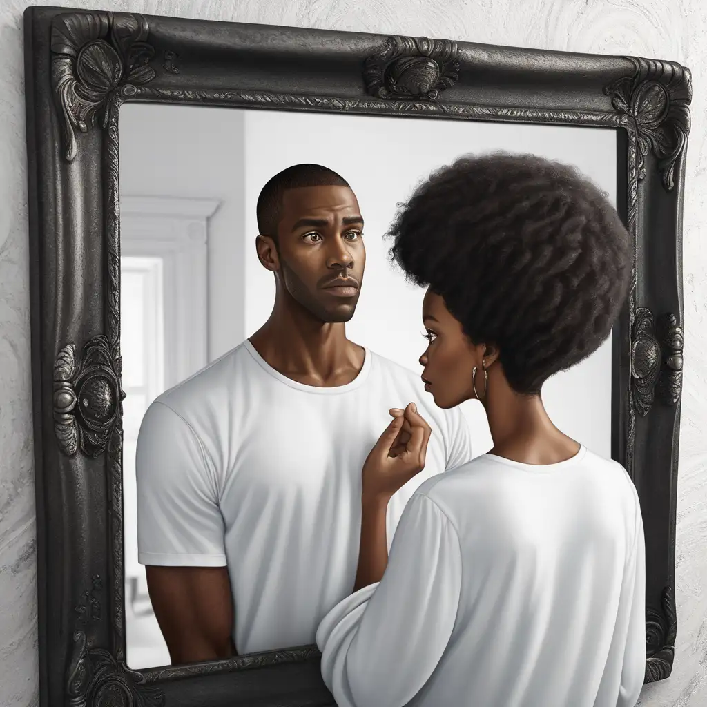 Create a self discovery image of black man and woman. looking at a mirror 