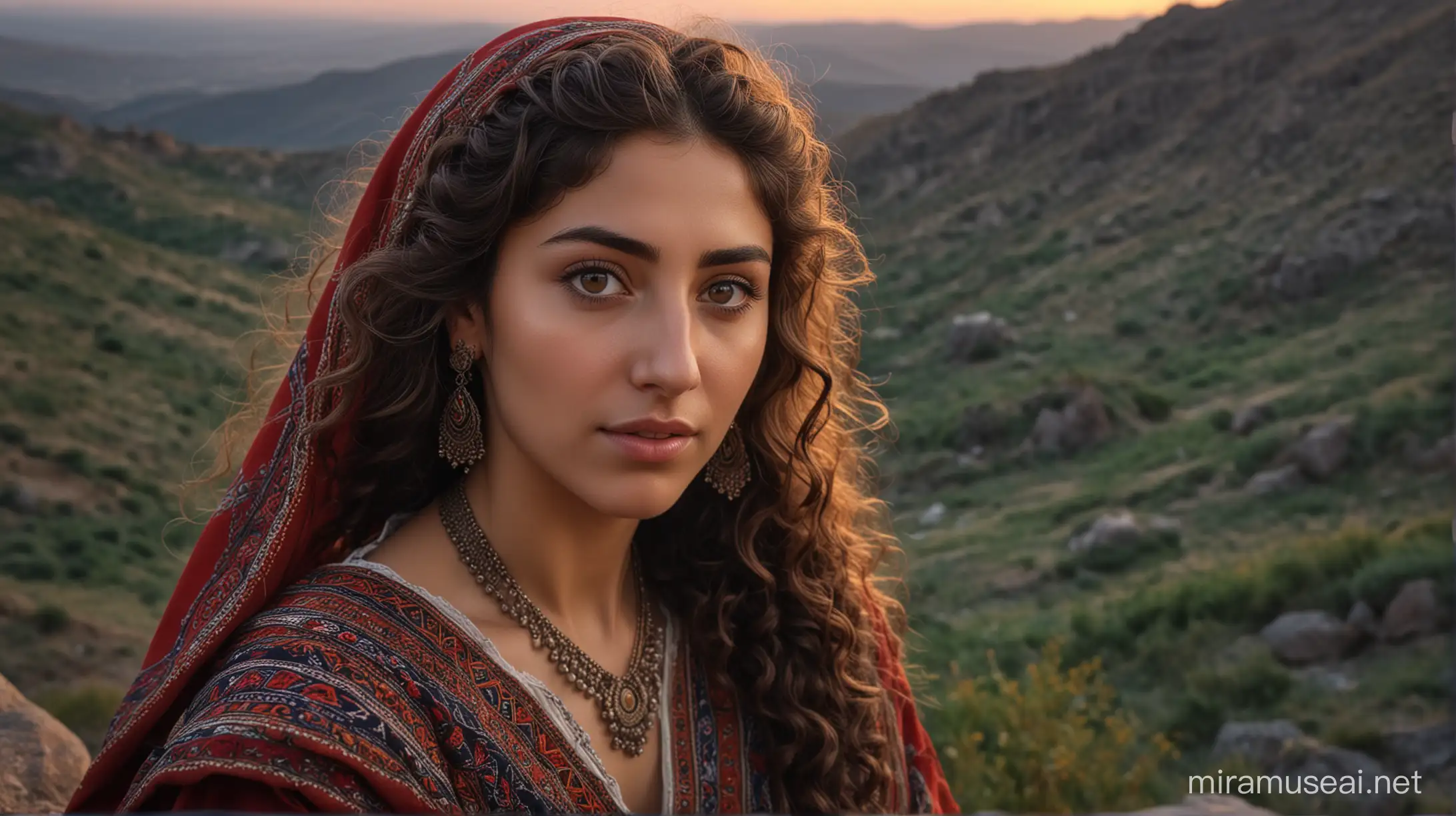 3/4 ultra detailed artistic photo of armenian woman, long curly hair, perfect eyes, traditional armenian clothes, sitting at twilight mountains, large depth of field, deep depth of field, highly detailed, highly detailed, 8k sharp focus, ultra photorealism