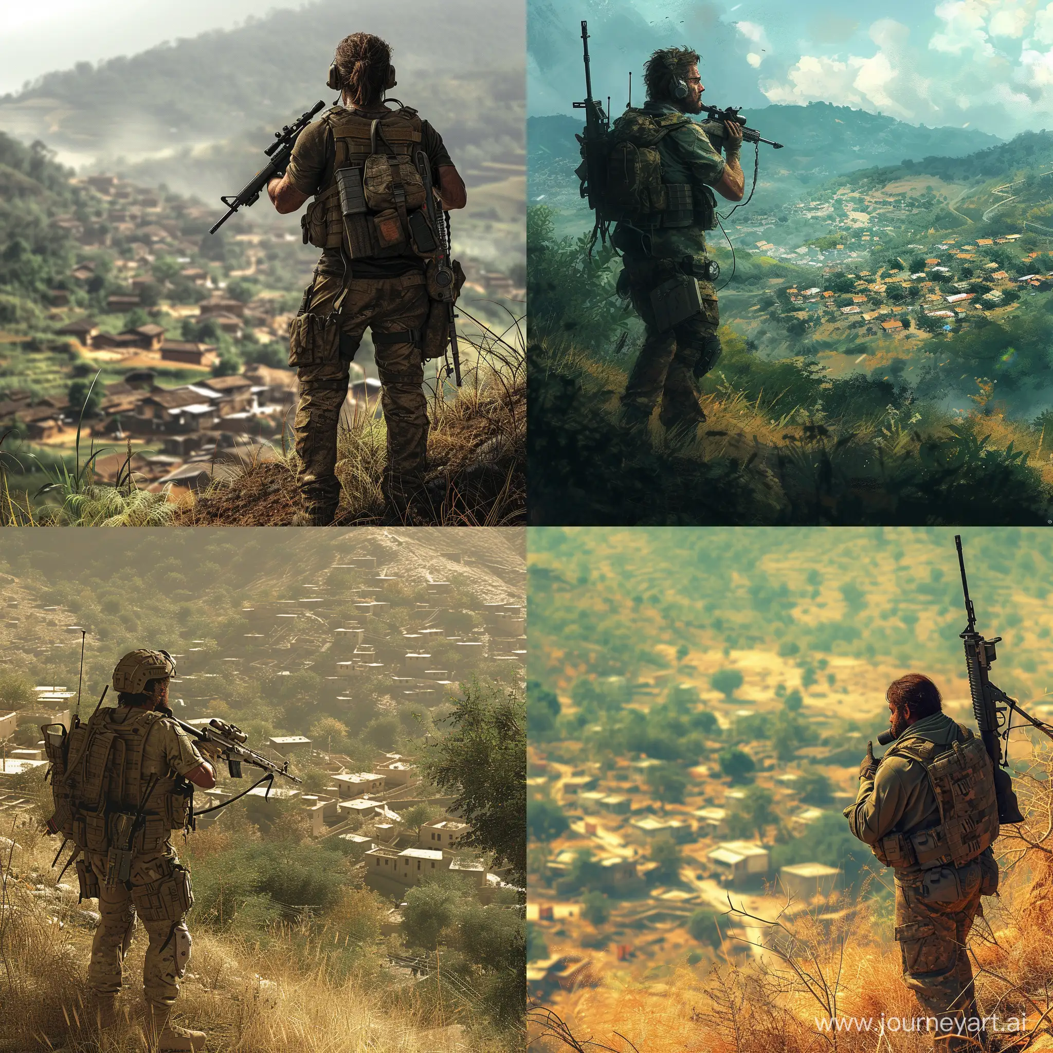 Experienced-Survivalist-in-Military-Gear-Observing-Village-from-Hilltop