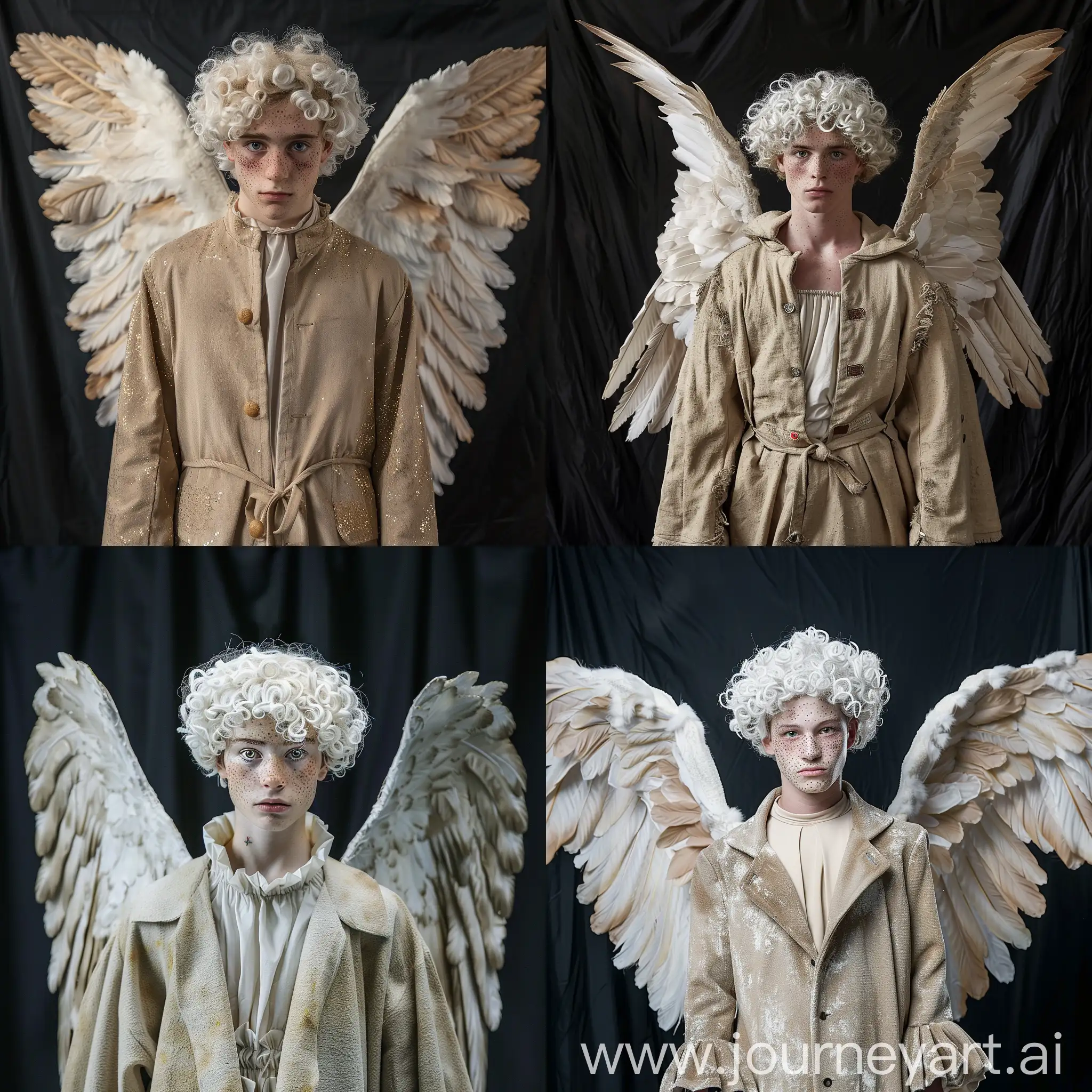 an angel man with wings, white curly hair, freckles on his cheeks, white eyes, dressed in a beige full-length coat on a black background