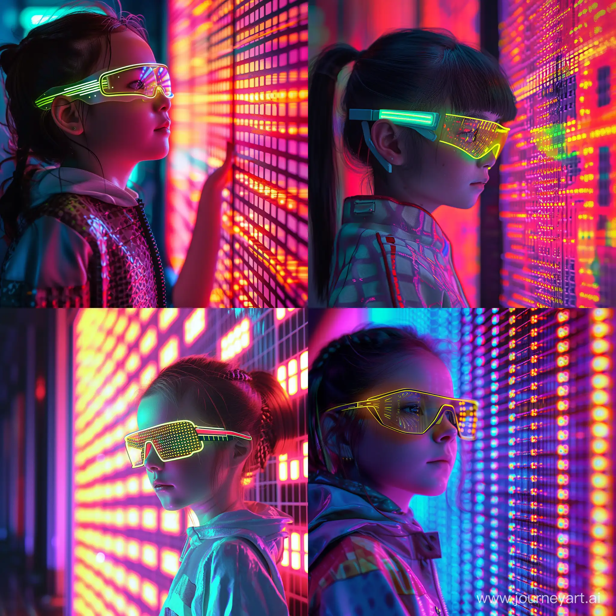 a young girl wearing neon glasses standing next to a backdrop of neon lights, in the style of retro-futuristic cyberpunk, photorealistic urban scenes, shot on 70mm, outrun, grid-based, backlit photography, photorealistic, highly detailed, award-winning, ultra high resolution --v 6 --ar 1:1 --no 93050