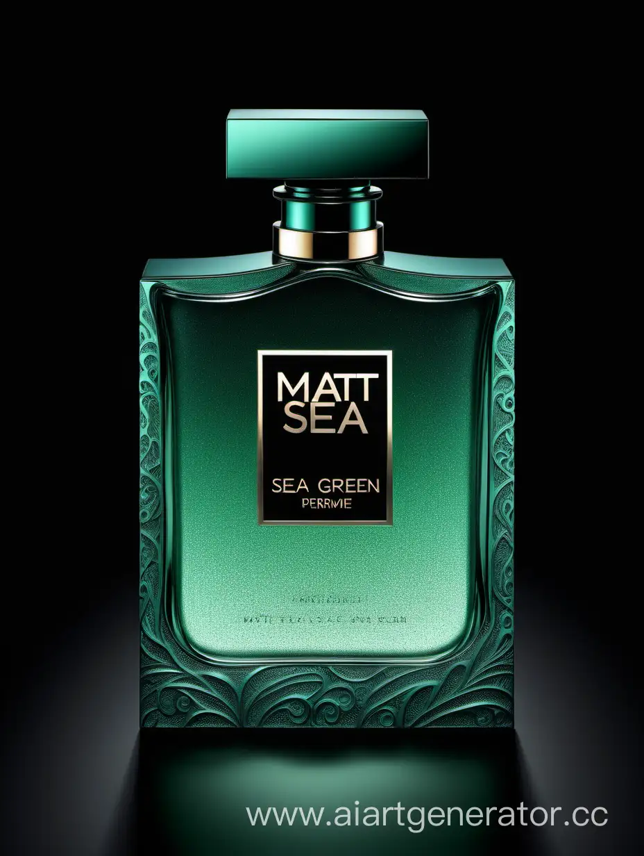 matt sea green perfume))), textured crafted with intricate 3D details reflecting light around a ((black background)), with a elegant ((text logo))
