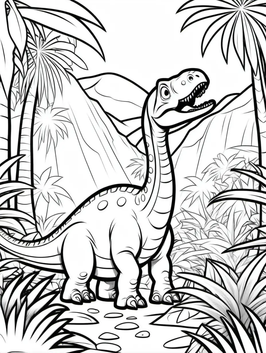 coloring page for kids, a Barosaurus in a jungle, cartoon style, thick lines, low detail, no shading -- ar 9:11 --v5