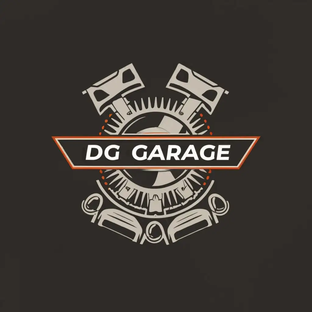 a logo design,with the text "DG Garage", main symbol:piston and rims,complex,be used in Automotive industry,clear background
