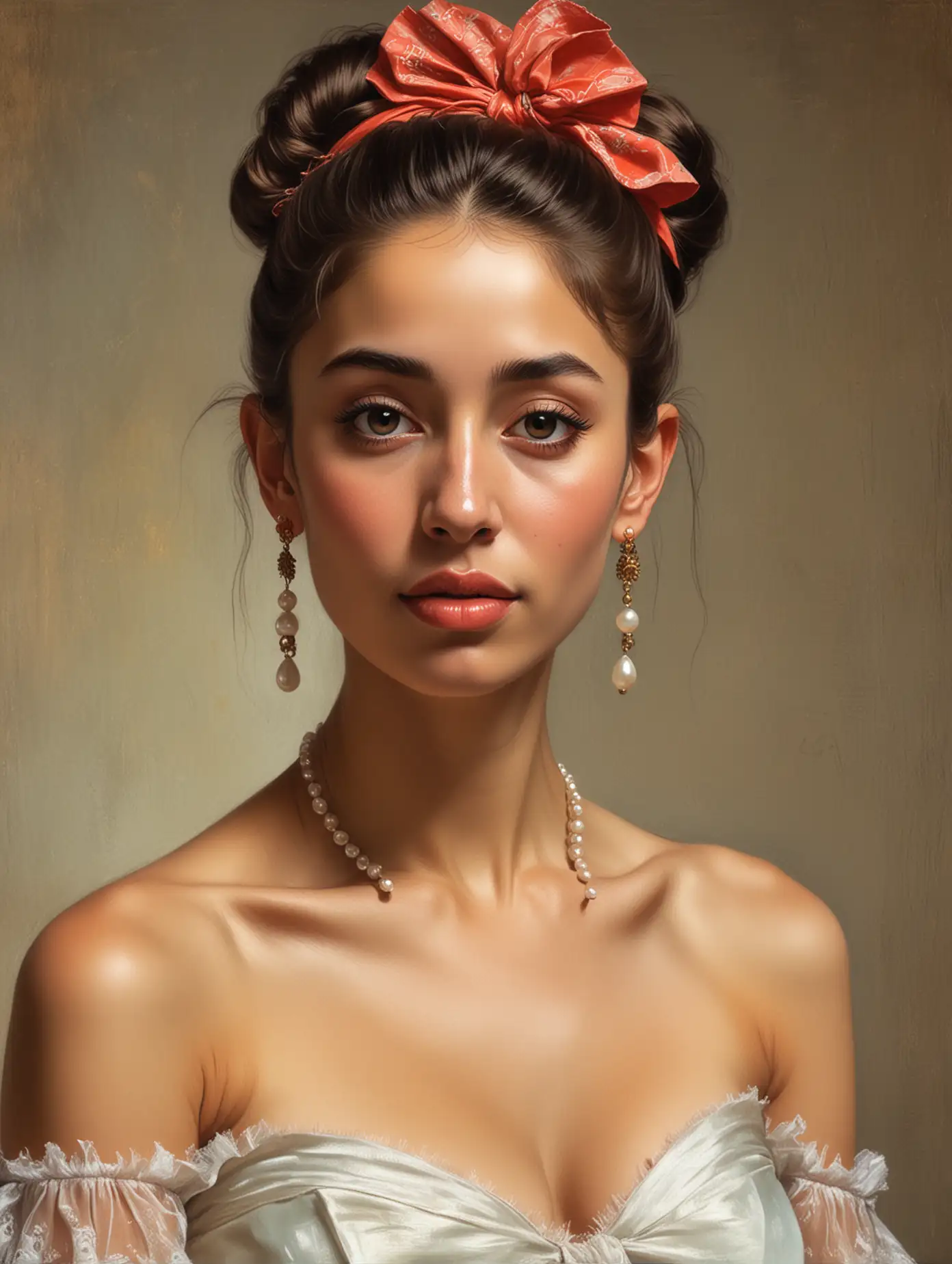 Degas extremely detailed oil painting of a very skinny  incredibly beautiful ancient Chilean princess with pearl earrings with very thick eyebrows showing a lot of cleavage with underarm hair dancing the Flamenco with hair in a bun in bikini, digital art