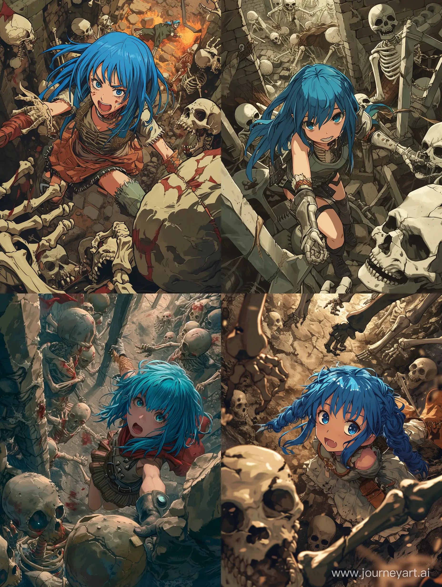 Аниме девушка с синими волосами является авантюристом и находится в тёмном подземелье где сражается с ордой скелетов и монстров, изображение в виде панорамы