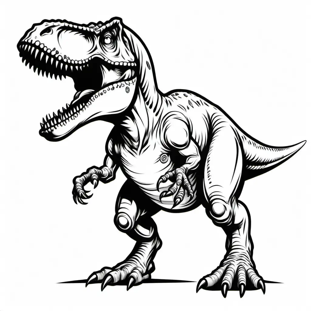 detailed stencil image of a CARTOON Tyrannosaurus Rex, FINE black lines, white background