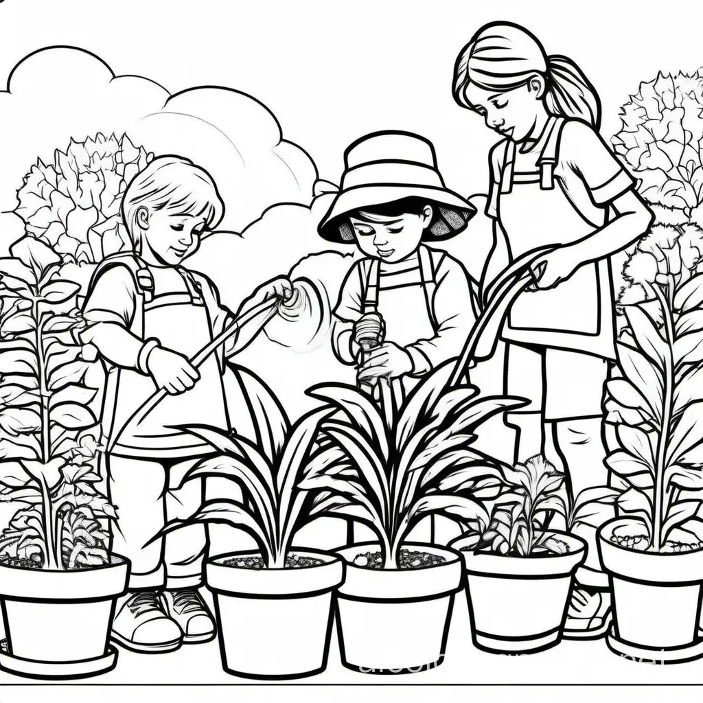 people tending and watering plants, Coloring Page, black and white, line art, white background, Simplicity, Ample White Space. The background of the coloring page is plain white to make it easy for young children to color within the lines. The outlines of all the subjects are easy to distinguish, making it simple for kids to color without too much difficulty