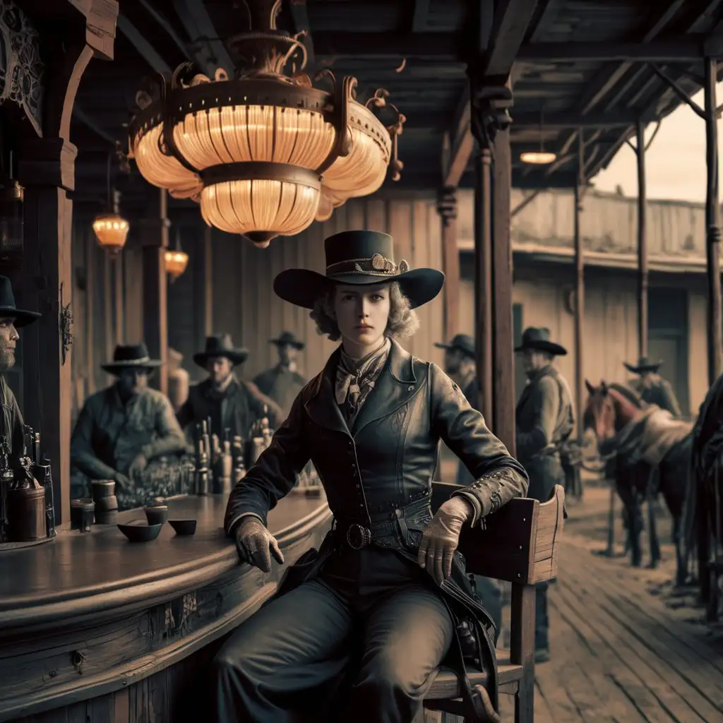 Vintage photograph, late 1800s, a saloon in a western town in North America, the infamous Calamity Jane is having a beer in the bar, white details, steampunk, anachronistic