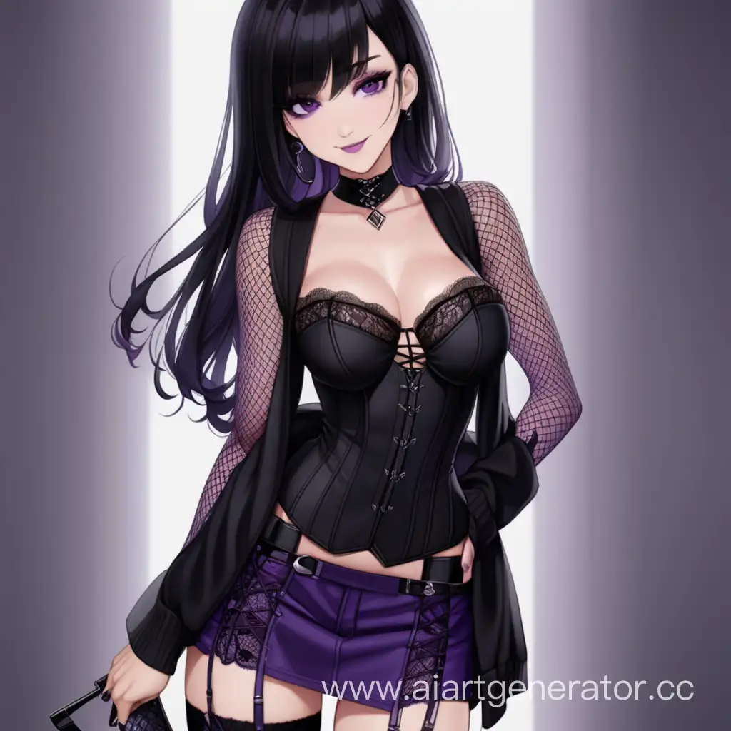 *a tall and young woman with black hair, purple slanting eyes, wearing a black corset, a black lace cardigan, a black short skirt, black fishnet knee socks and black heels, with a flirtatious and dominant smile on her face.*