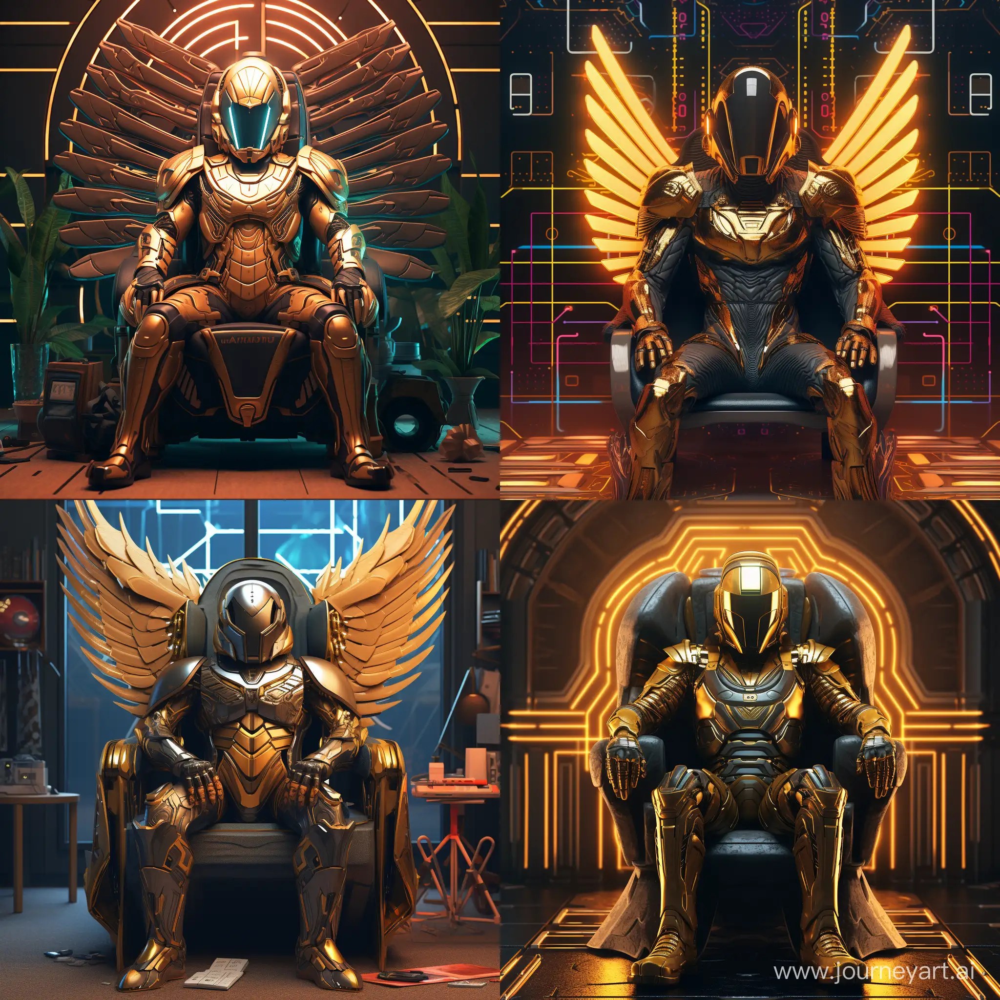 Create a 3D illusion for a profile picture where a steampunk angel armor ironman suit with long wings shaped neon helmet is illuminated with colored lights, in the style of lo-fi aesthetics,golden clothes, ethereal minimalism, daft punk, sculptural costumes Sitting casually on a Wingback chair. ,cinematic view he looks ahead. The background features "kahroba" in big and capital Orange golden neon light fonts on the dark grey wall. There should not be his shadow, and there are golden wings to make it appear as if he is an angel , intricate fine details, 64k, uhd --style raw 