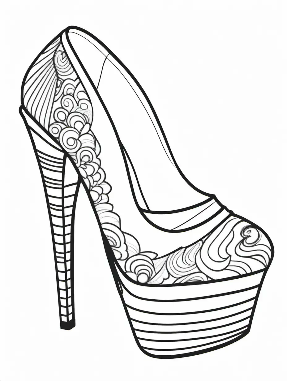 platform heels for coloring book, cartoon style, black and white, thick black lines, show margins 
