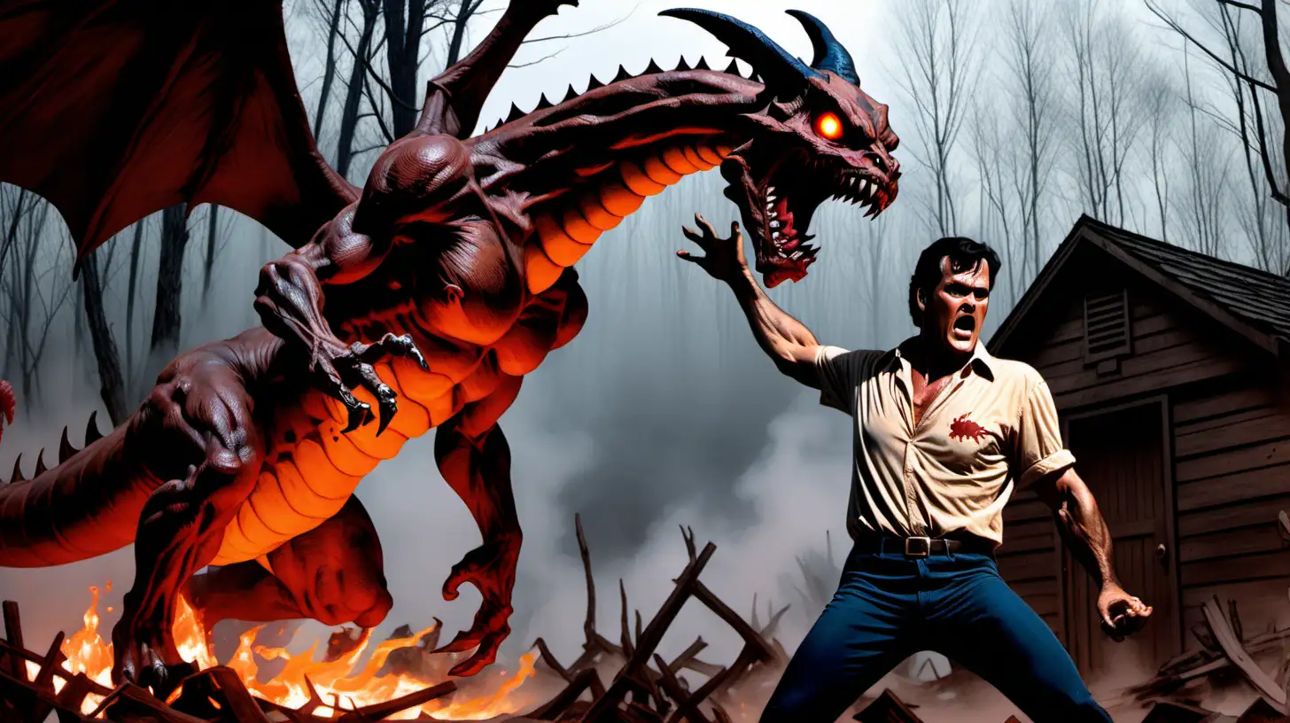 Ash Williams played by Bruce Campbell battling charizard posessed by demons from the Necronomicon in the style of Frank Frazetta.  Background is outside the cabin from Evil Dead.