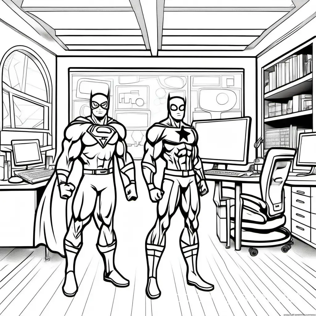 Craft a scene with superheroes training in a high-tech superhero headquarters. , Coloring Page, black and white, line art, white background, Simplicity, Ample White Space. The background of the coloring page is plain white to make it easy for young children to color within the lines. The outlines of all the subjects are easy to distinguish, making it simple for kids to color without too much difficulty
