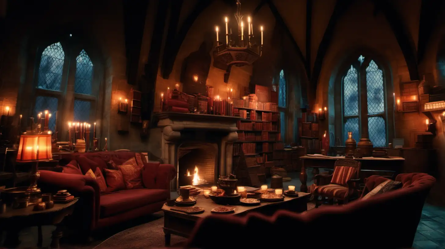 photo was taken inside gryffindor common room, there is a fireplace that has no fire, sofa, through a large window we see that it is night time. Gryffindor decoration,  there is a table with cups, food, and old books.highly decorated, A perfect example of cinematic shot. Use muted colors to add to the scene.