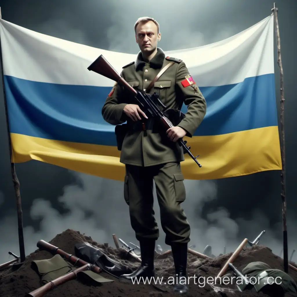Алексей Навальный в форме солдата России с автоматом и флагом России в руке, топчет ногами грязный флаг Украины, реалистичный стиль, 4k