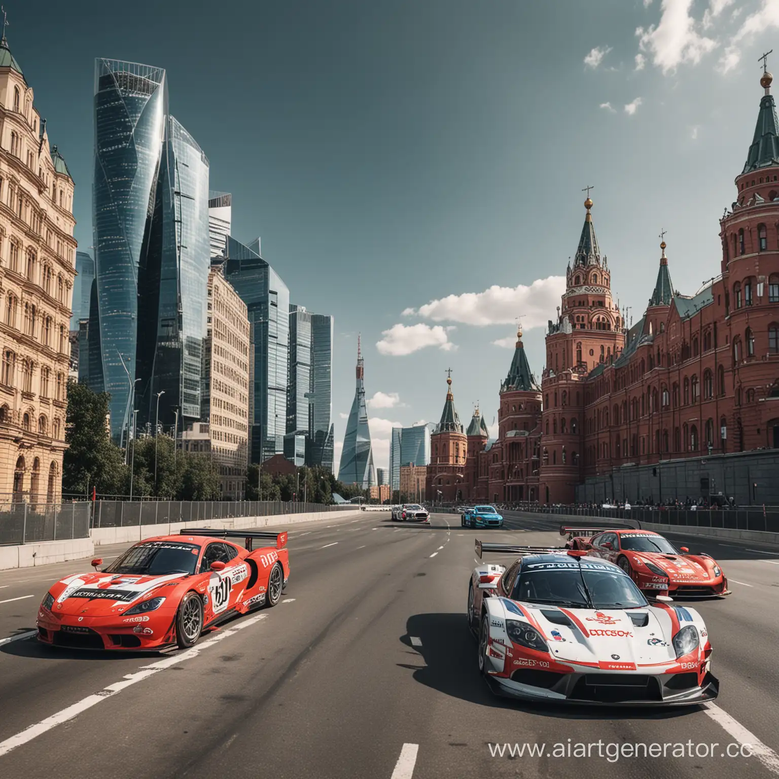 Гоночные машины стоят на фоне Москва Сити
