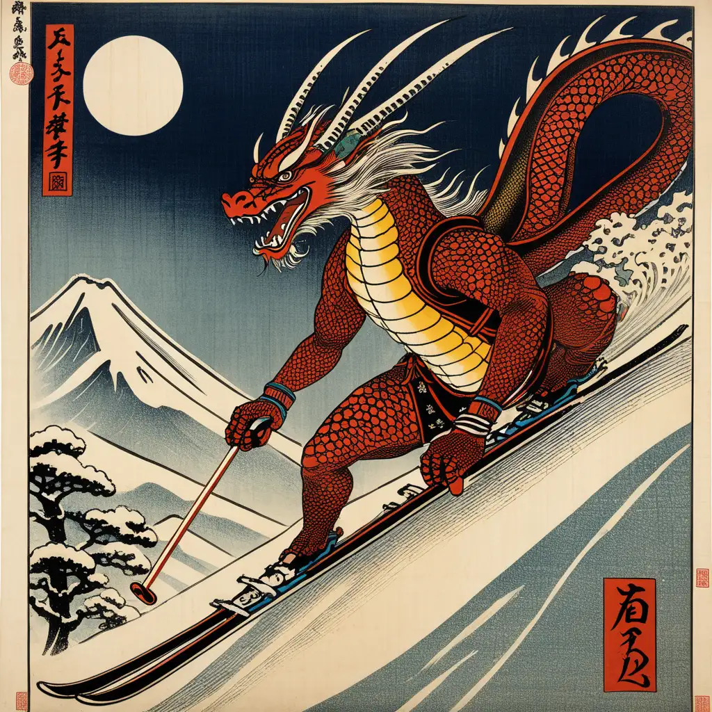 japanese woodblock print of a skiing dragon





