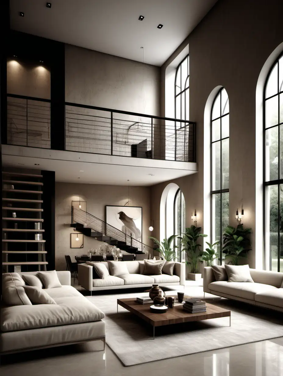 Luxurious TwoStory Minimalist Loft Interior in Light Beige Elegance