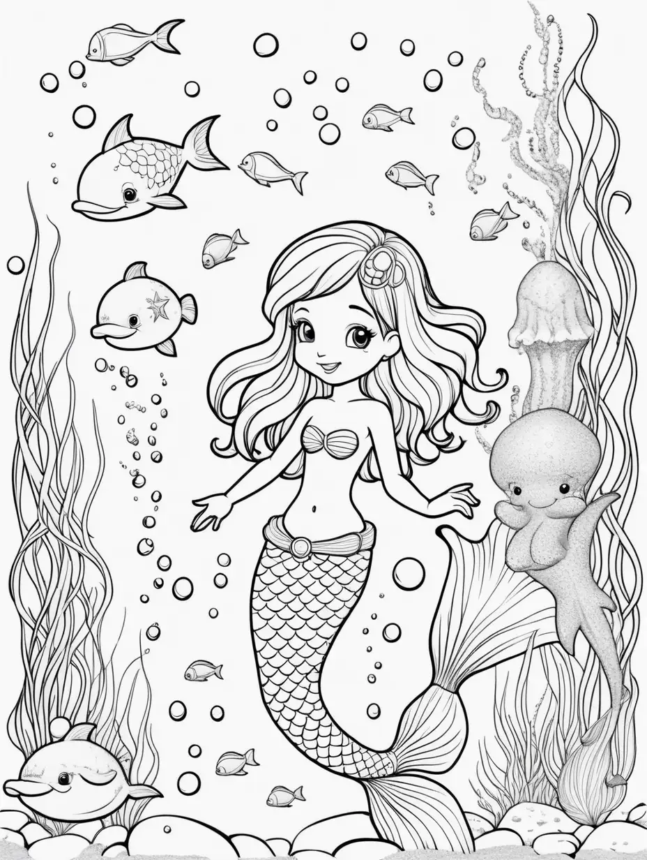 Adorable Cartoon Mermaid Coloring Page with Dolphins and Sea Creatures