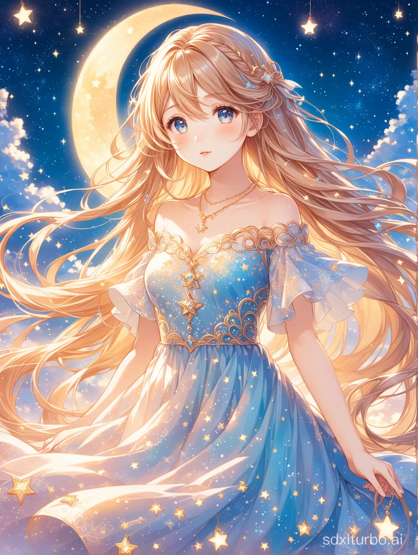 A captivating, full-body anime illustration of a charming girl with long, flowing hair and a beautiful face. Her eyes are large and expressive, filled with innocence and cuteness. The character wears a stunning dress adorned with delicate patterns and a gold necklace, complementing her ethereal appearance. The sky behind her is filled with stars, creating a dreamy and fantastical atmosphere. The character's hair features two different shades, one lighter near the roots, and one darker towards the tips, giving it a unique and soft luster. The overall style of the artwork is dreamy and romantic, inspired by the enchanting world of anime.