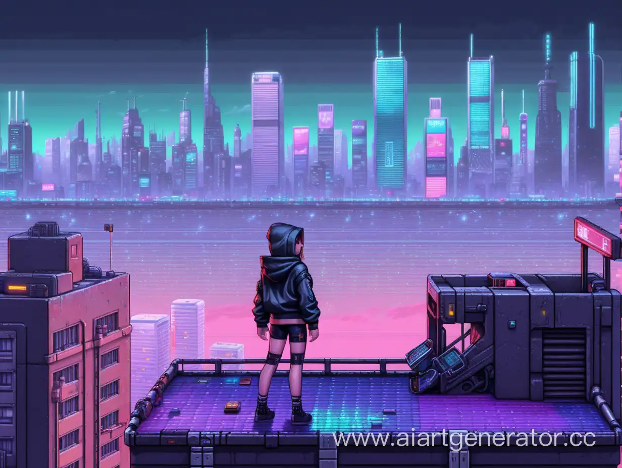 пиксельарт киберпанк города, на крыше которого стоит девушка в толстовке