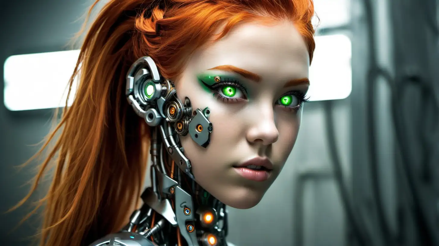Cyborg woman, 18 years old. She has a cyborg face, but she is extremely beautiful. She has orange hair and green eyes. She is drop-dead gorgeous. Her ears are beautiful.
