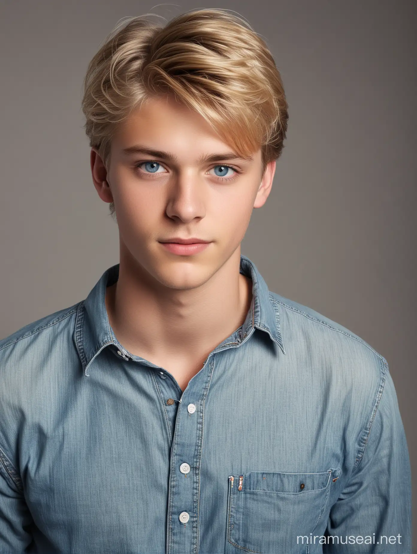 Blond hair and blue eyes 19 years old handsome boy wearing a long sleeve shirt with a denim.