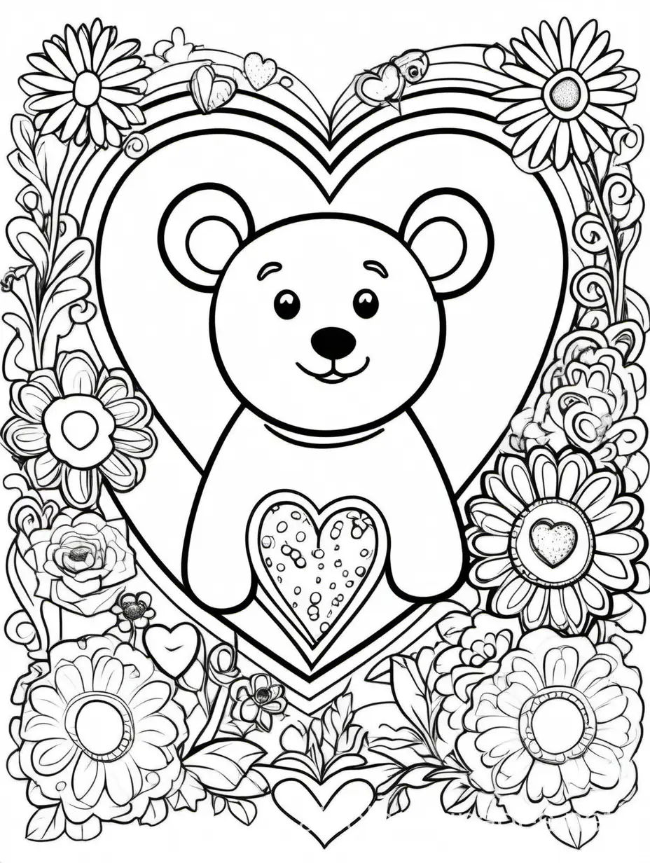coloring book for children, different flowers inside a heart, a bear holding a heart, detailed, in a simple cartoon style, black and white, dashed graphics, white background, simplicity, enough white space, in a simple cartoon style, isolated, Coloring Page, black and white, line art, white background, Simplicity, Ample White Space. The background of the coloring page is plain white to make it easy for young children to color within the lines. The outlines of all the subjects are easy to distinguish, making it simple for kids to color without too much difficulty, Coloring Page, black and white, line art, white background, Simplicity, Ample White Space. The background of the coloring page is plain white to make it easy for young children to color within the lines. The outlines of all the subjects are easy to distinguish, making it simple for kids to color without too much difficulty