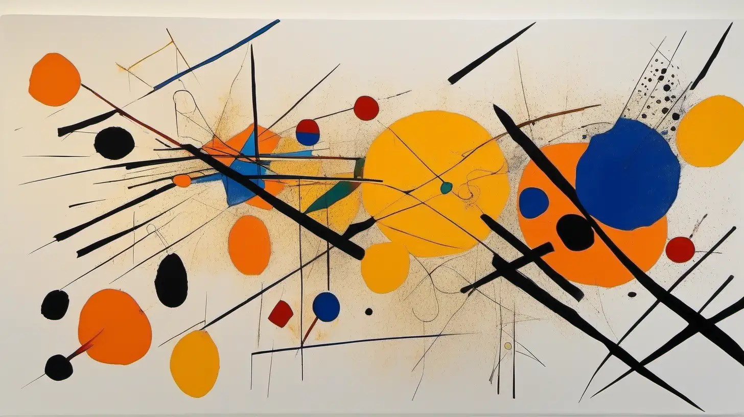 Generate a abstract picture in the style of the artist Wassily Kandinsky with nothing but mark making using oranges, blues and yellow ochre only