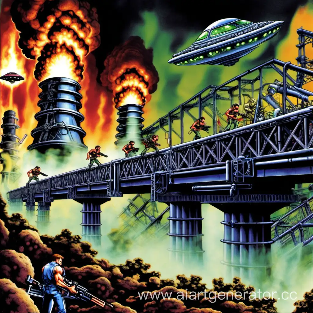 Intense-Battle-on-Iron-Bridge-Bill-and-Lance-Confront-UFO-in-Contra-The-Alien-Wars