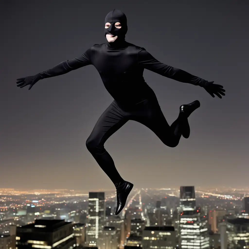 Dave Toole, legless man without legs, black skintight costume, black mask, flying upside down, city, night