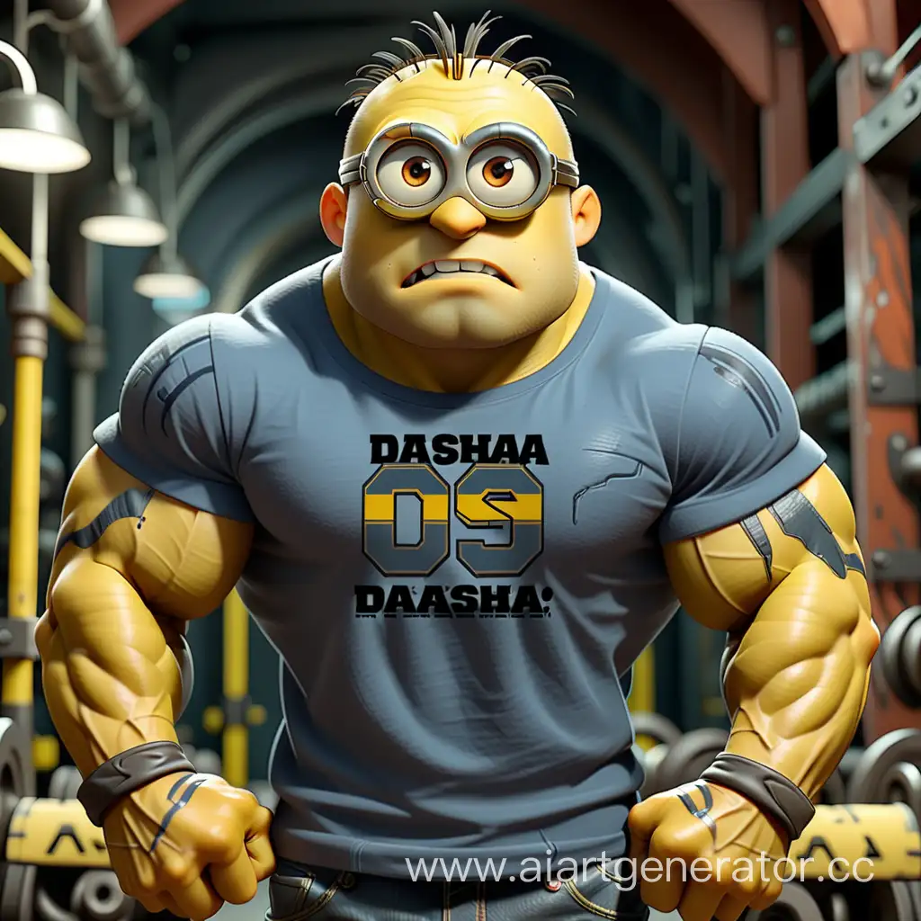 Накаченный, мускулистый, с венами на руках миньон в футболке, на футболке надпись Даша