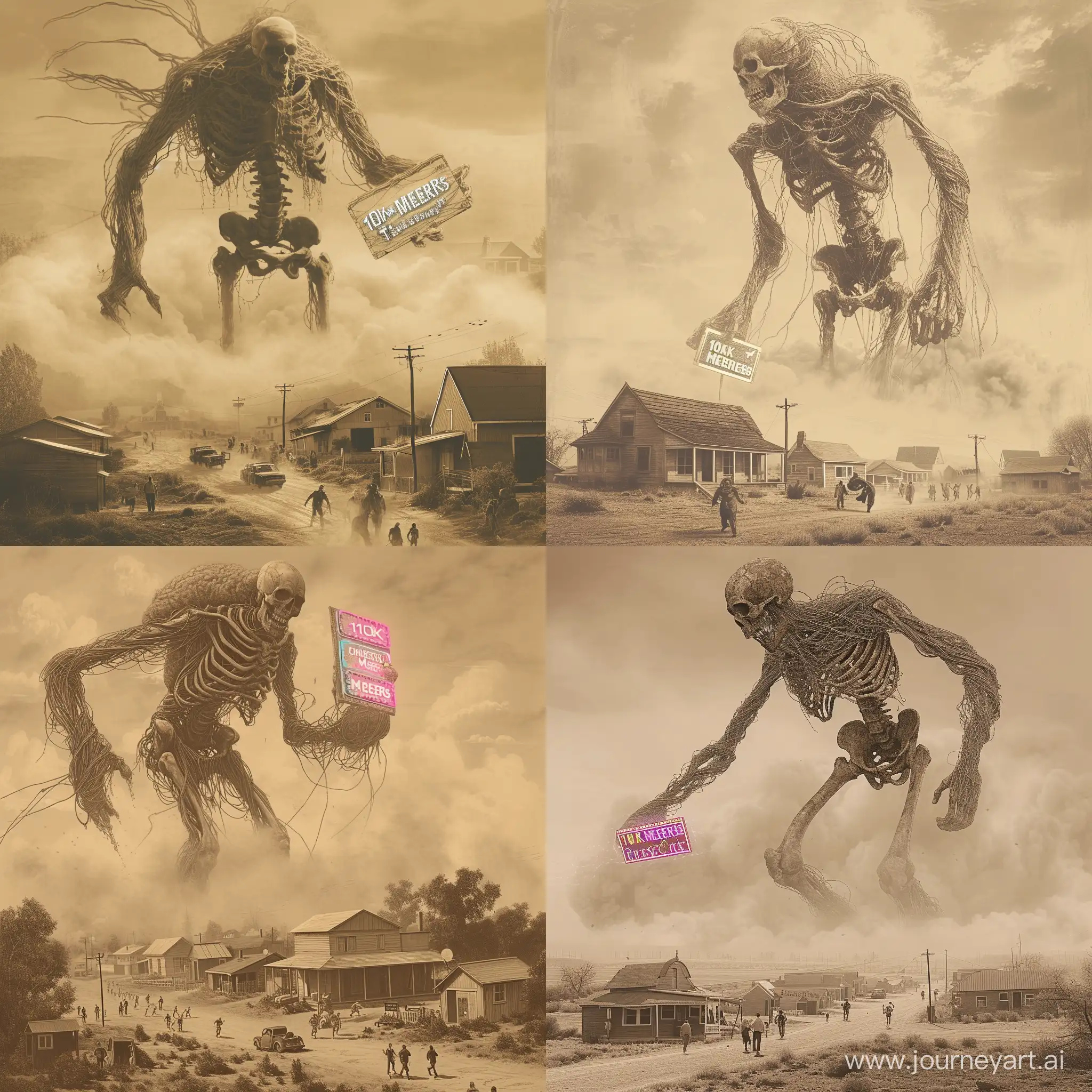 an artistic rendition, likely intended to be humorous or part of a meme. It depicts a giant, skeletal, humanoid figure rising from a dust cloud over a small, rural town. This figure appears to be made of various twisted and intertwined strands that gives it a decrepit and ominous appearance. Strangely enough, the figure is holding what looks like a billboard with the text "10k MEMERS" blazing in bright, neon-like colors. Below the immense figure, the town seems to be in a state of panic or confusion, with people fleeing on foot and via a vehicle. The town itself contains small, simple buildings typical of a rural community, and the entire scene is enveloped in a sepia-toned atmosphere, which reinforces the impression of a dusty environment. The surreal, out-of-place element of the gigantic skeletal being contrasts sharply with the mundane setting of the town 