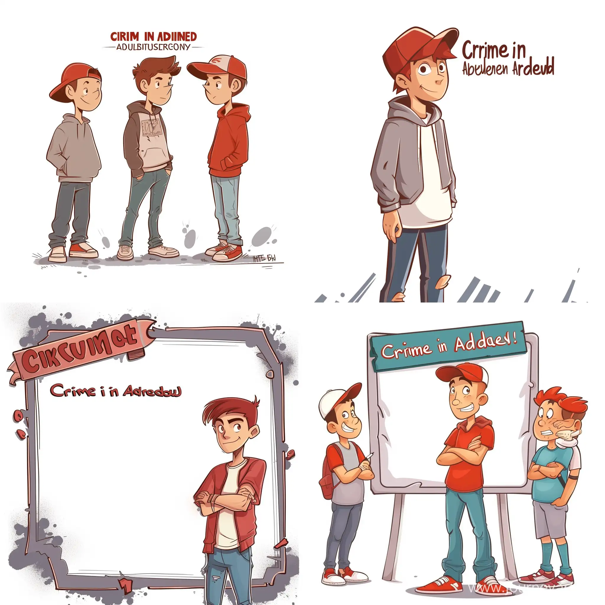Create a cover for the presentation on "crime in adolescence" IN CARTOON STYLE ON A WHITE BACKGROUND SO THAT THERE IS AN EMPTY SPACE FOR THE INSCRIPTION