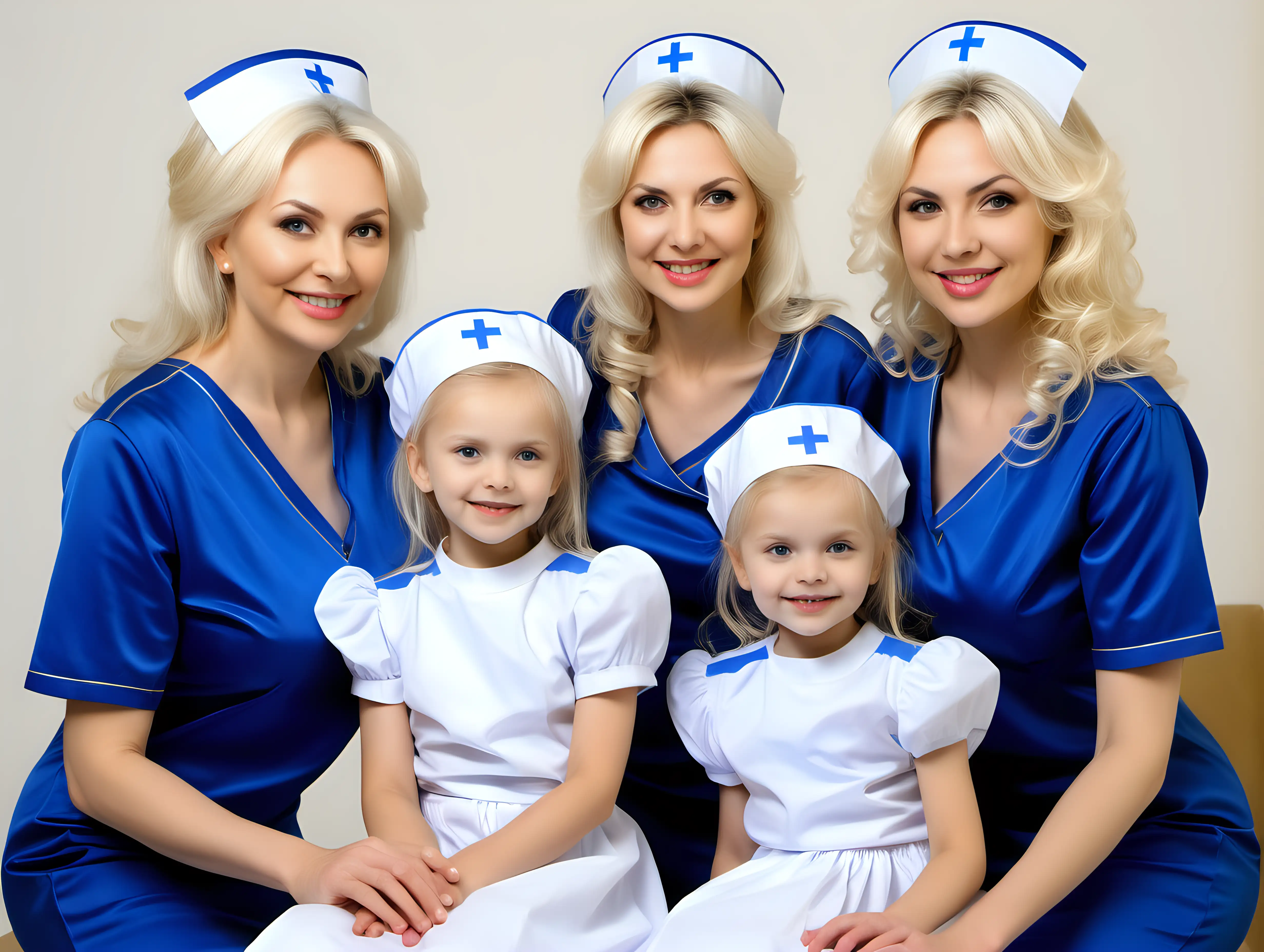 two black and blonde hair elderly mothers and their litle daughters in satin royal blue english nurse uniforms smiled by their mistress bulgarian jurnalist viktoriya petrova