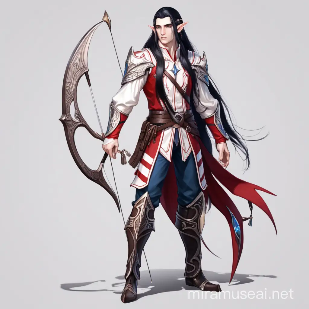 male elf ranger with blue eyes. red and white outfit. long black hair. full body
