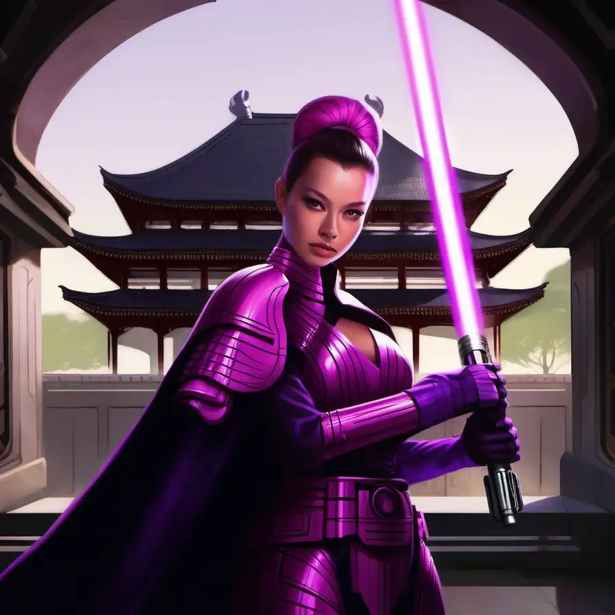 Woman, bright pink skin, purple armor, lightsaber, imperial palace, Star Wars art