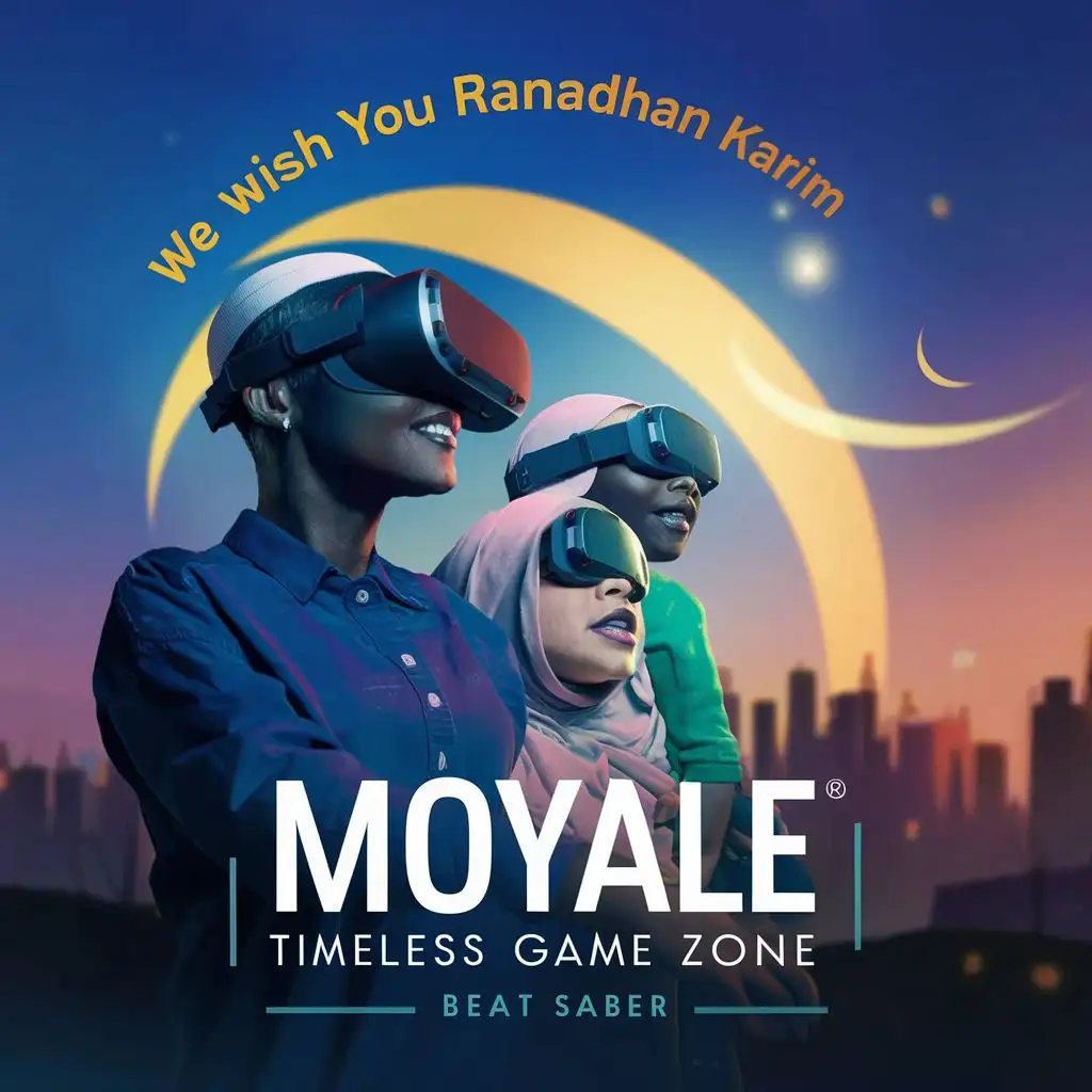logo, Vivid image of African Muslim family with Virtual reality headset on looking at bright evening crescent. " WE WISH YOU RAMADHAN KARIM " in the background. , with the text "MOYALE TIMELESS GAME ZONE,  acronymn TMZ. BEAT SABER", typography, be used in Entertainment industry