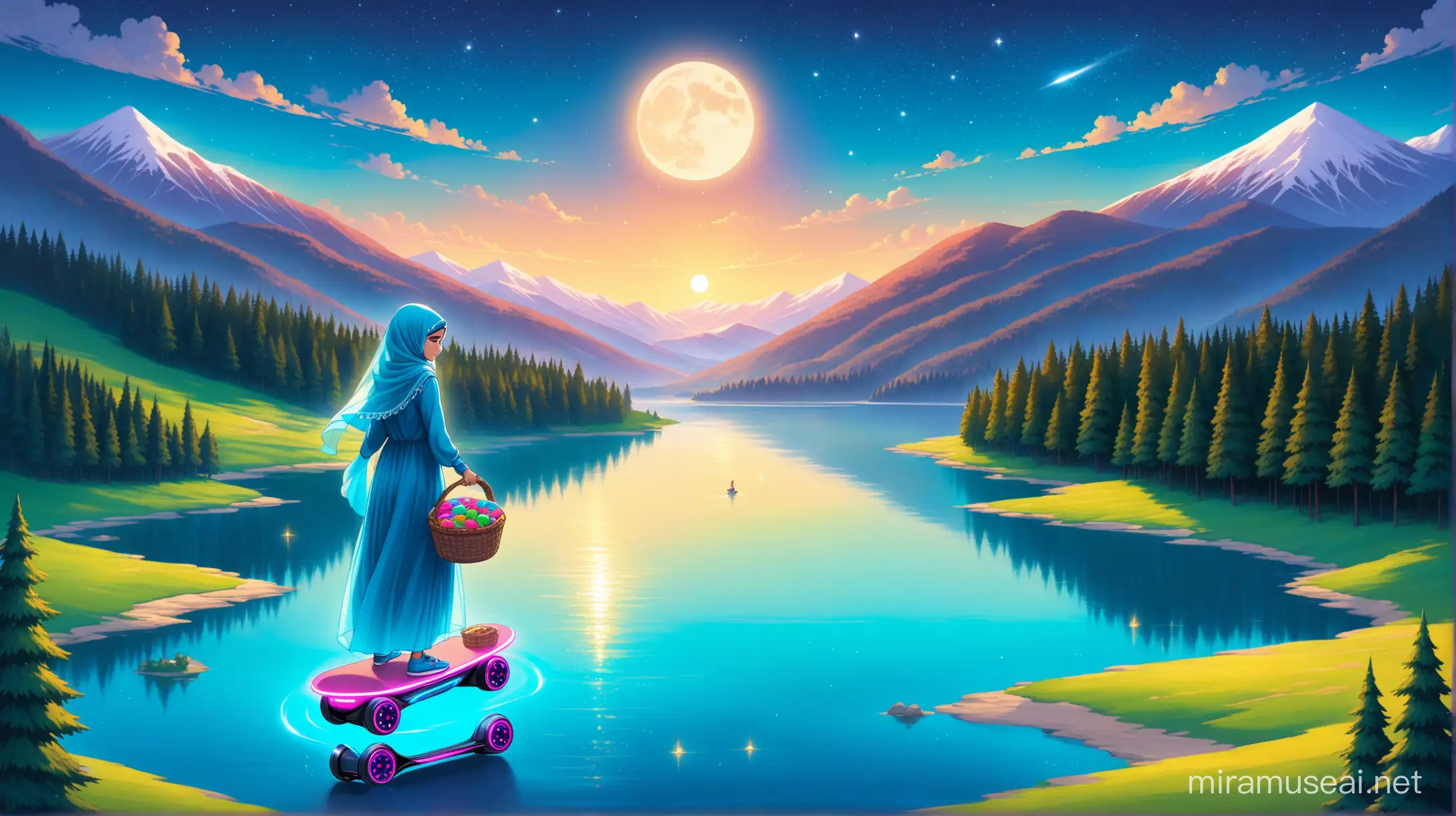 Veiled Girl on Hoverboard with Candy Basket and Ramadan Pita in Forest Setting