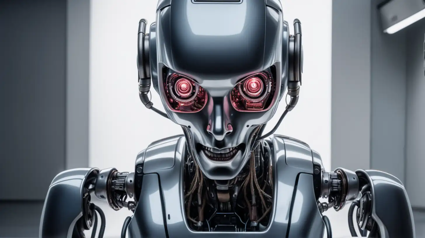threatening looking AI robot terrifying a human