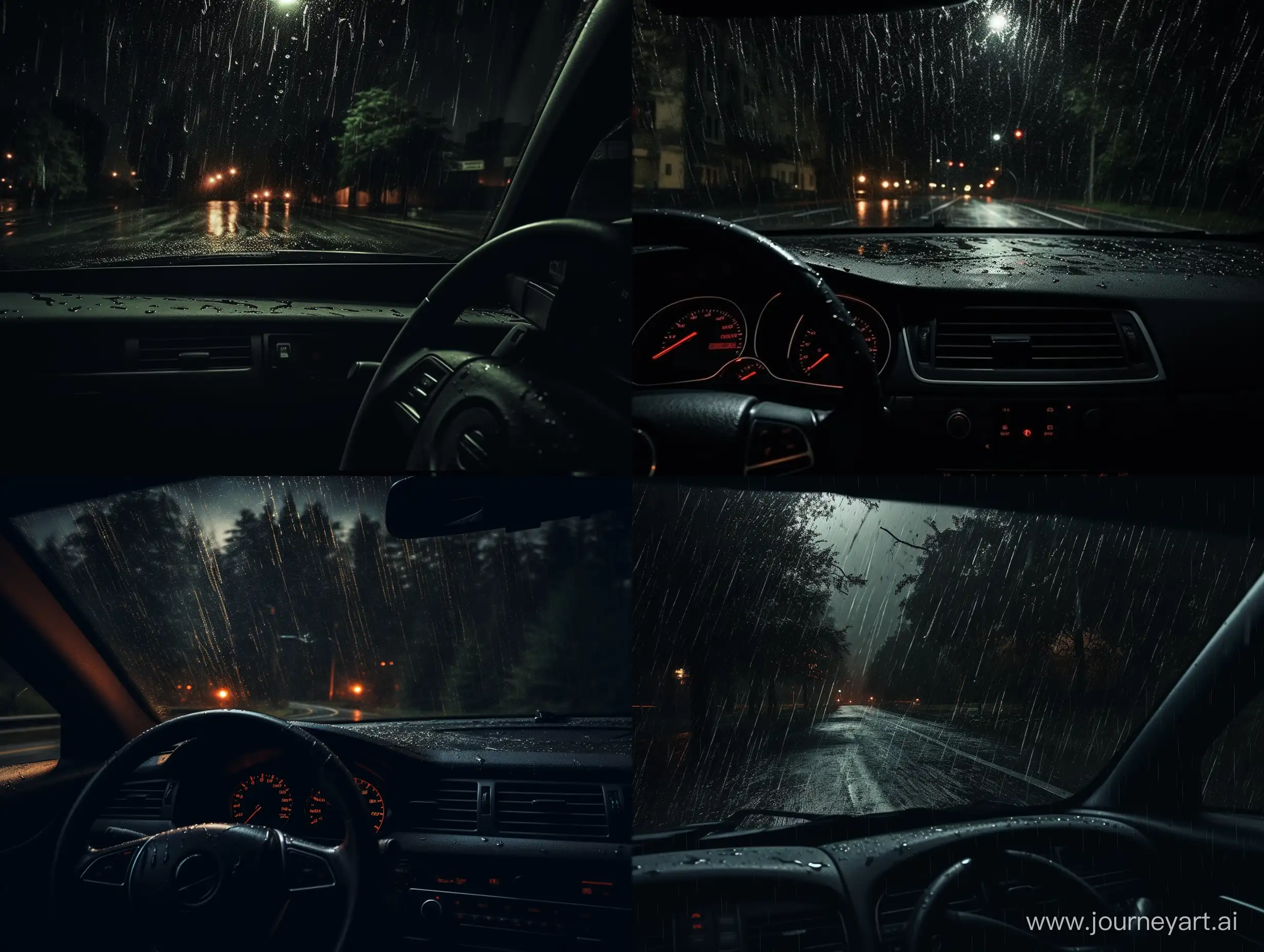 Lonely-Drive-in-Rain-Man-Driving-Car-in-Dark-Street-with-Broken-Radio