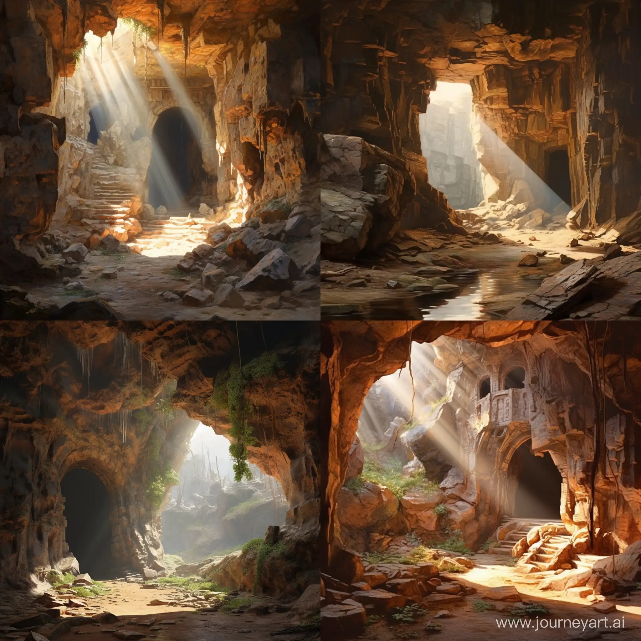 пещера с открытым верхом, разрушенный вход в храм в солнечных лучах. фотореализм
