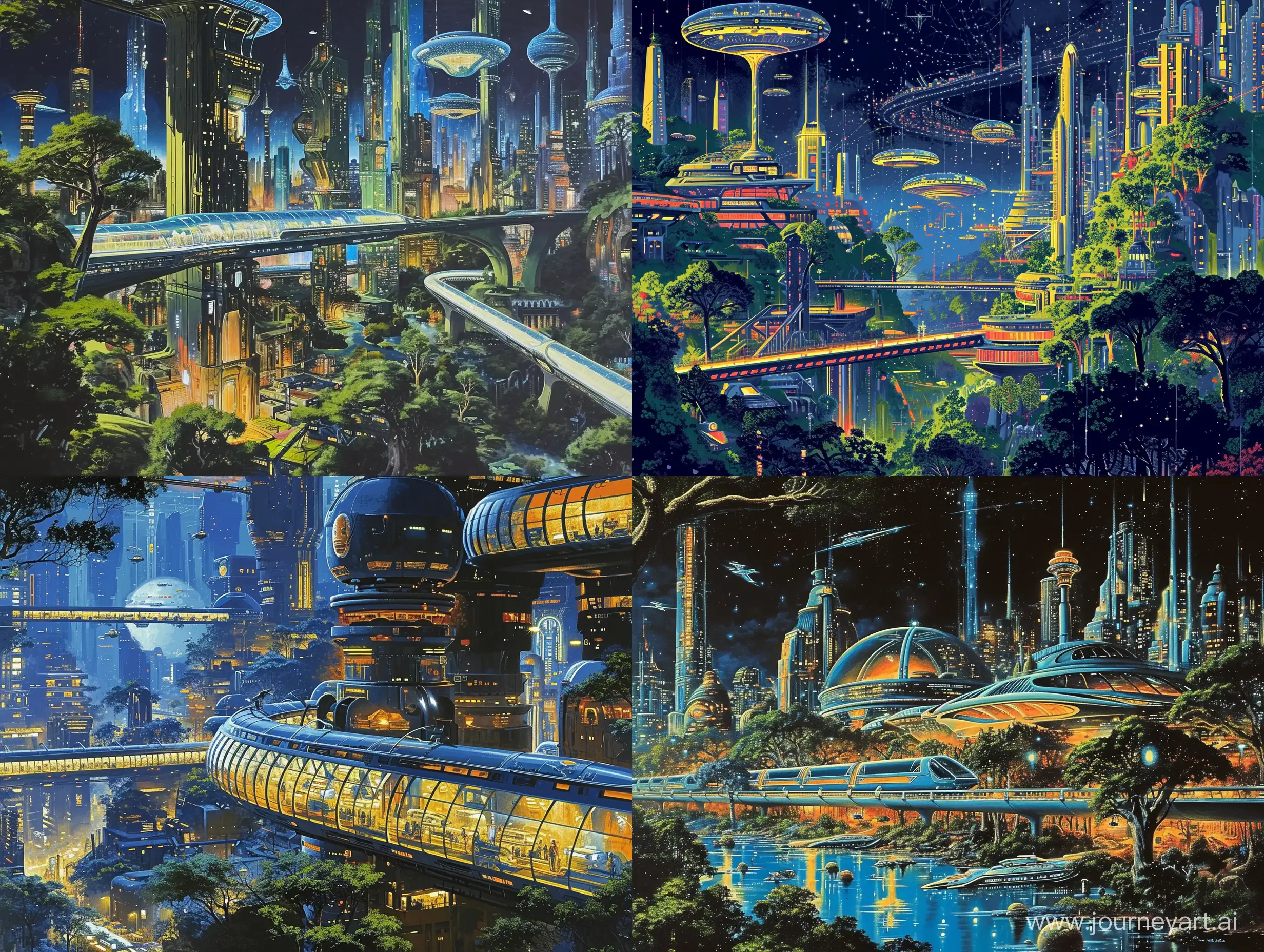 Create an airbrush painting that captures the essence of a bustling yet tranquil, expansive retro-futuristic cityscape at night. The scene should be alive with retro sci-fi elements and retro aesthetics, incorporating a vibrant, vintage feel. Visualize a city that seamlessly integrates natural elements, creating a self-sustaining ecosystem within its urban confines. The atmosphere should be one of vivid colors and dynamic lighting, reflecting a naturalistic approach to a technologically advanced environment. Include elements of modern architecture that pay homage to the past while looking forward to the future, featuring streamlined forms and innovative structures. The city should be a hub of activity with advanced transportation systems in place—think monorails, hovercars, and tube transports that blend seamlessly with the urban surroundings. Highlight the advanced technology that powers the city, from eco-friendly energy sources to interactive digital interfaces that enhance the quality of life for its inhabitants. This painting should invite the viewer to step into a world where the charm of the past and the promise of the future coexist in harmony."
