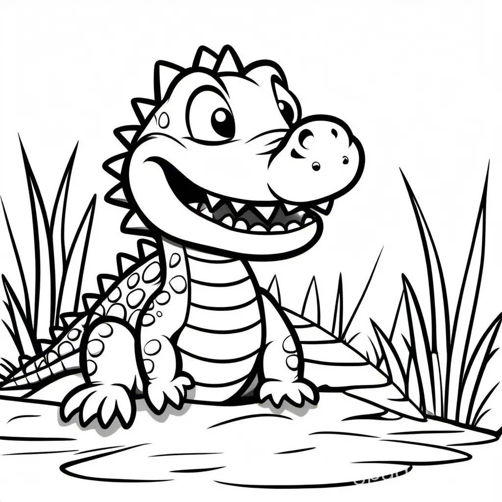 Cute crocodile no background, Coloring Page, black and white, line art, white background, Simplicity, Ample White Space. The background of the coloring page is plain white to make it easy for young children to color within the lines. The outlines of all the subjects are easy to distinguish, making it simple for kids to color without too much difficulty