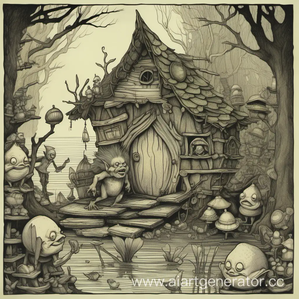 the goblin wanders,
The Mermaid sits on the branches;

There's a hut on chicken legs
It stands without windows, without doors;
forest