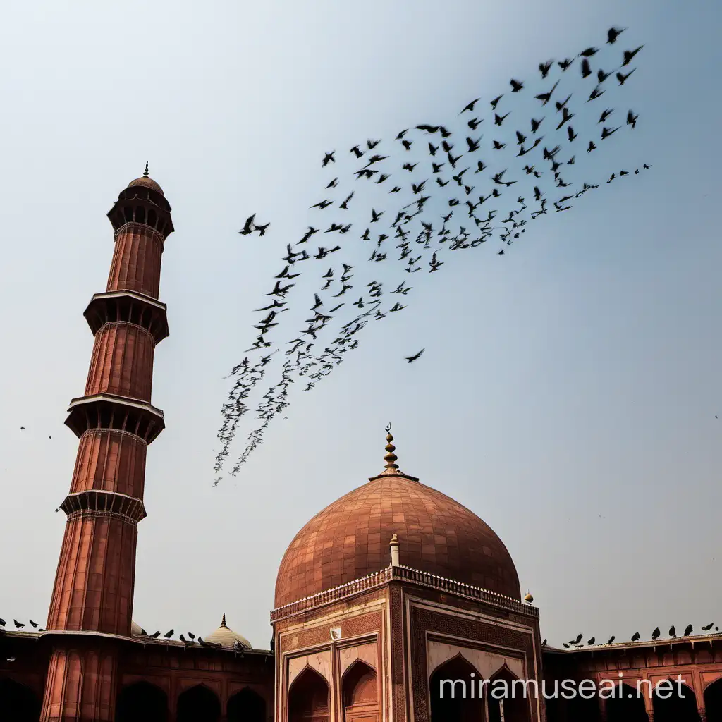 Pigeons Soaring Over Jama Masjid Against a Vast Sky