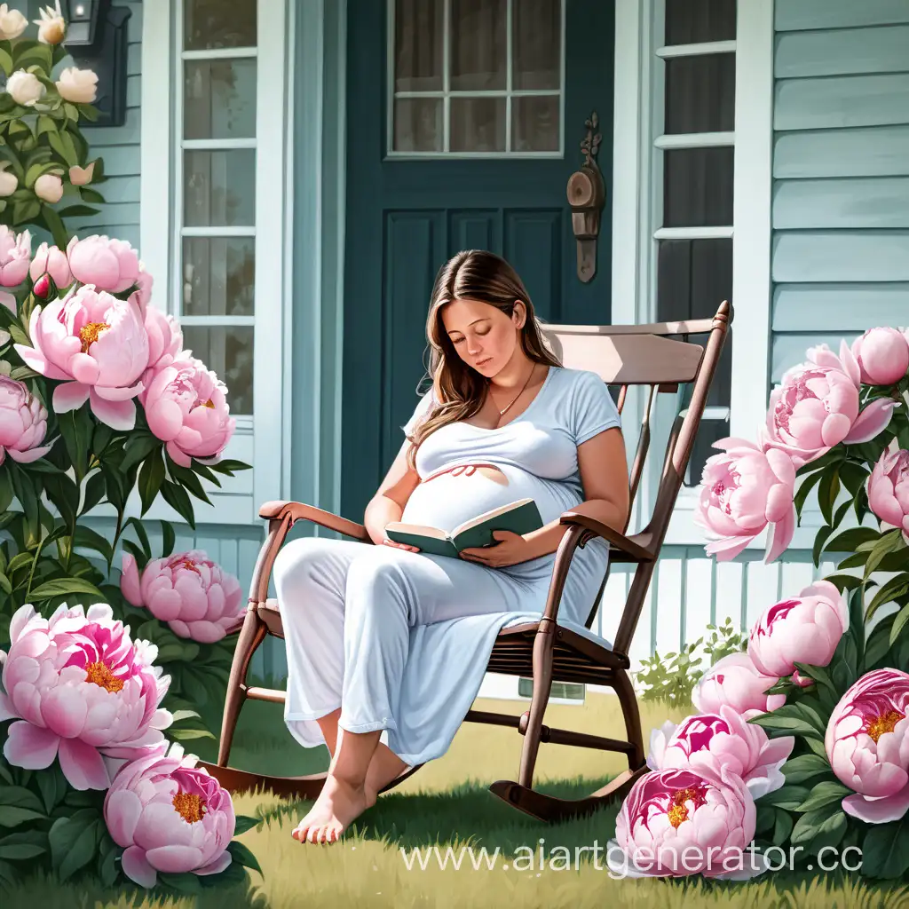 беременная женщина сидит на улице возле дома кресло качалке читает книгу и вокруг пионы